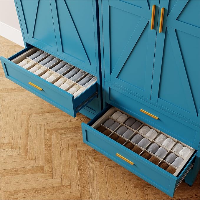 71'' Farmhouse Metal Wardrobe Cabinet with Hanging Rod, 2 Barn Door Wardrobe Closet with Adjustable Shelves,2 Drawer,for Dining Room,Bedroom,Living Room, Cloak Room,Office (Peacock Blue)-CasaMuseHome