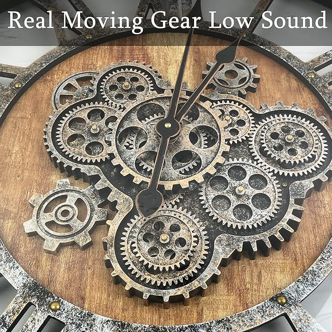 30 Inch Moving Gear Wall Clock, Oversized Wall Clocks, Clock Living Room Decor, Solid Wood Frame, Battery Operated, Large Wall Clock with Steampunk Industrial for Fireplace(Brown)-CasaMuseHome