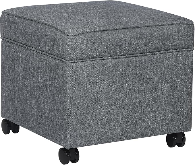 Adeco 17.5" Square Fabric Ottoman with Storage, Upholstered Cotton Linen Foot Rest, Flip Top Footstool, Small Cube Coffee Table Extra Seat for Living Room, Bedroom, Grey with Rolling Legs-CasaMuseHome