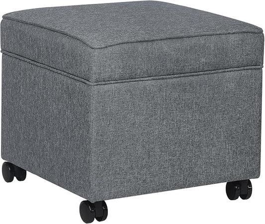 Adeco 17.5" Square Fabric Ottoman with Storage, Upholstered Cotton Linen Foot Rest, Flip Top Footstool, Small Cube Coffee Table Extra Seat for Living Room, Bedroom, Grey with Rolling Legs-CasaMuseHome