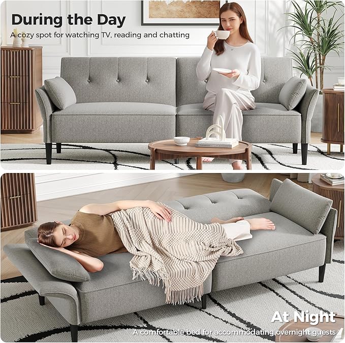 89” Futon Sofa Bed, Linen Comfy Futon Couch Bed with 2 Square Pillows, Convertible Sleeper Sofa with Adjustable Backrest& Armrests, Modern Loveseat Sleeper for Living Room, Bedroom, Light Gray-CasaMuseHome