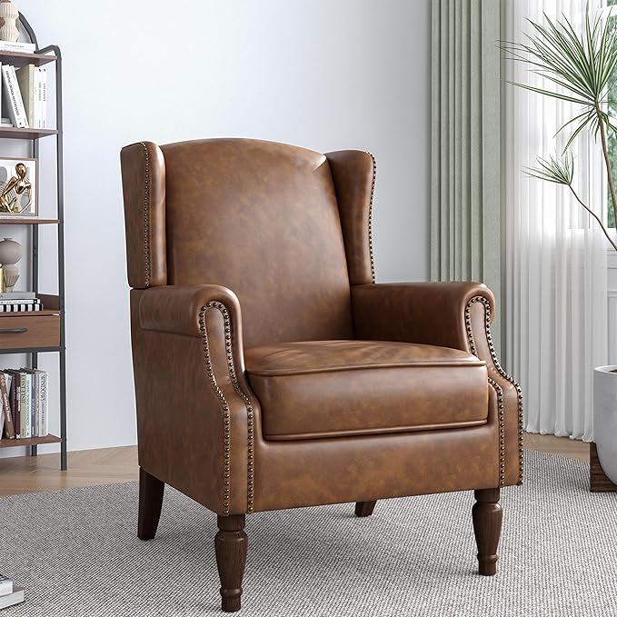 Accent Chair, Faux Leather High Back Armchair or Living Room, Comfy Upholstered Single Sofa Reading Chair with Solid Wood Legs for Office, Bedroom, Waiting Room-Brown-CasaMuseHome