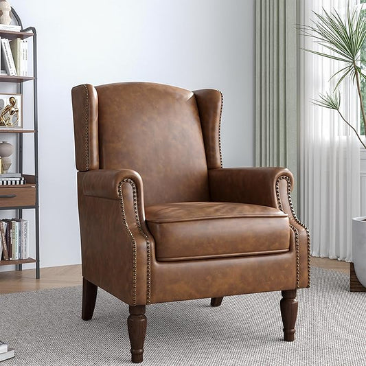 Accent Chair, Faux Leather High Back Armchair or Living Room, Comfy Upholstered Single Sofa Reading Chair with Solid Wood Legs for Office, Bedroom, Waiting Room-Brown-CasaMuseHome