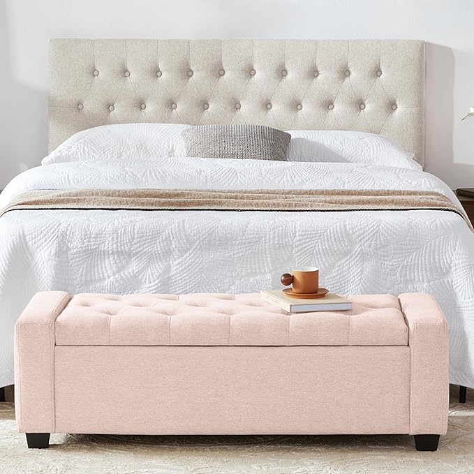 48" Ottoman with Storage, Pink Storage Ottoman Bench with Safety Hinge, Upholstered Entryway Bench with Seating for Bedroom, Living Room, Holds up to 330 lb-CasaMuseHome