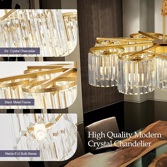 30.3“ Gold Semi Flush Mount Ceiling Light Fixtures, 8-Light Gold Modern Crystal Chandelier Height Adjustable Pendant Lighting for Bedroom Entryway Hallway Kitchen Island Living Room Foyer-CasaMuseHome