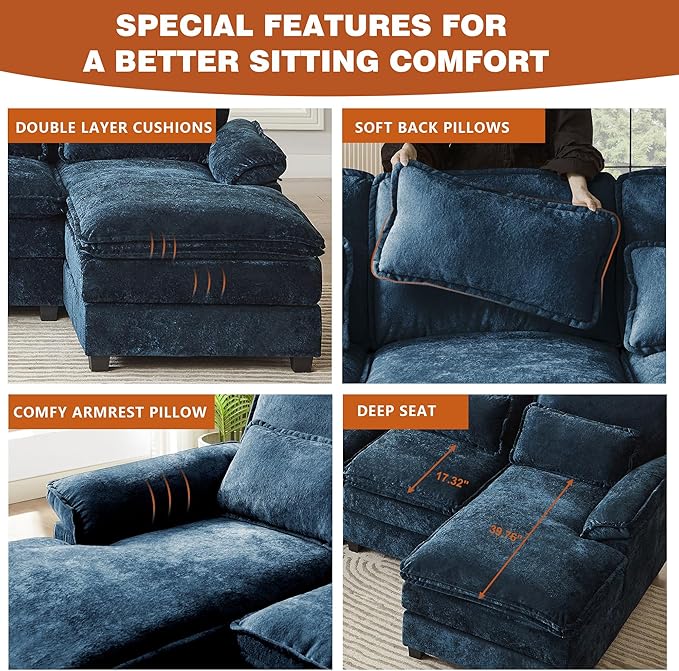 113" Oversized Cloud Couch, U Shape Sectional 4 Seat Sofa with Double Chaises, 2 Layer Cusions, Deep Seat Comfy Sofa, Upholstery Chenille Fabric for Living Room, Blue-CasaMuseHome