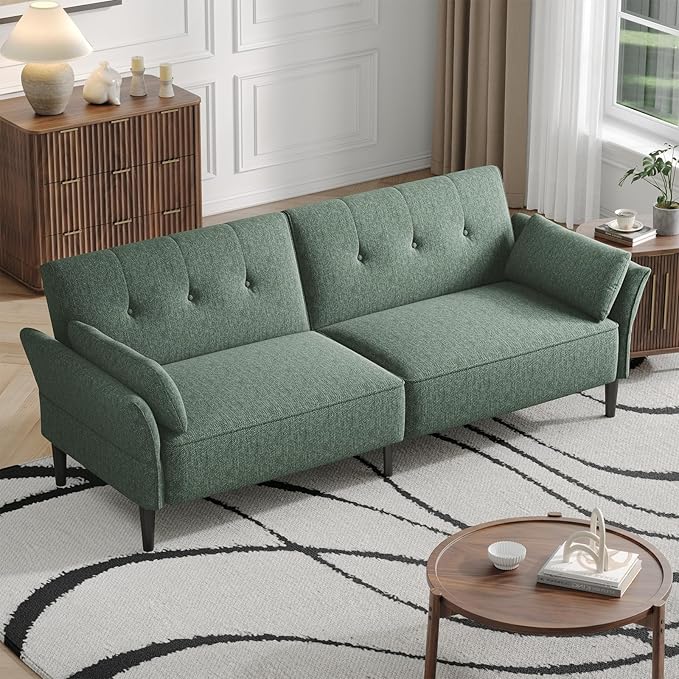 89” Futon Sofa Bed, Linen Comfy Futon Couch Bed with 2 Square Pillows, Convertible Sleeper Sofa with Adjustable Backrest& Armrests, Modern Loveseat Sleeper for Living Room, Bedroom, Green-CasaMuseHome
