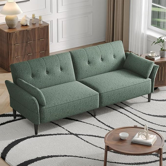 89” Futon Sofa Bed, Linen Comfy Futon Couch Bed with 2 Square Pillows, Convertible Sleeper Sofa with Adjustable Backrest& Armrests, Modern Loveseat Sleeper for Living Room, Bedroom, Green-CasaMuseHome