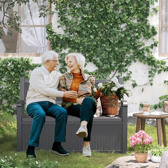 70 Gallon Storage Bench Deck Box for Patio Furniture with Armrest Bench Outdoor Storage-CasaMuseHome