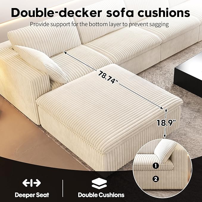 118" 6-Seater Cloud Sofa,Modular Sectional Couch with Ottoman,Modern Deep Seat Upholstered Couches with Plush Corduroy Fabric for Living Room Furniture,Bedroom and Apartment,No Assembly Required,White-CasaMuseHome