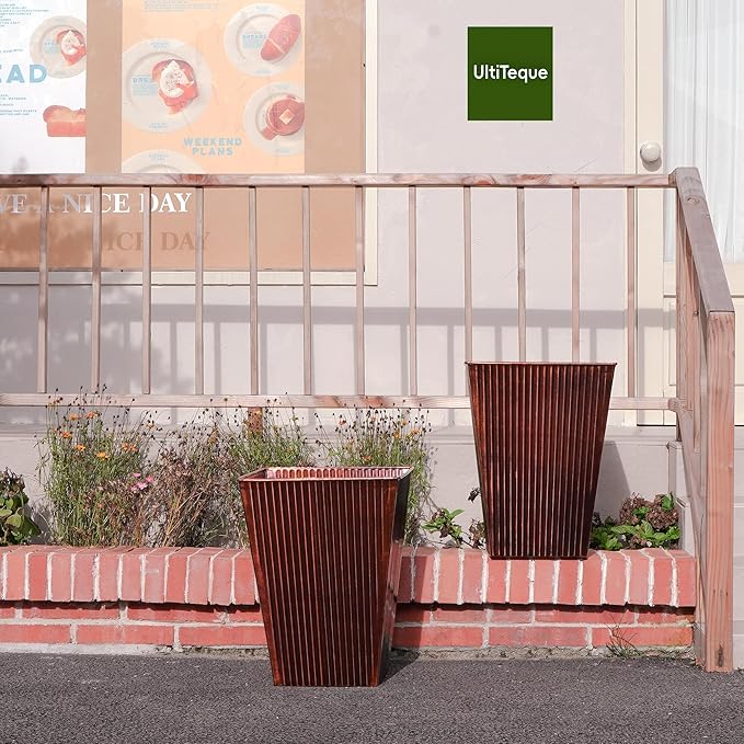 18in Vintage Handmade Metal Vertical Lines Copper Tapered Planters Set of 2, Galvanized Steel Planter Box with Drainage Hole for Indoor/Outdoor/Porch/Garden-CasaMuseHome
