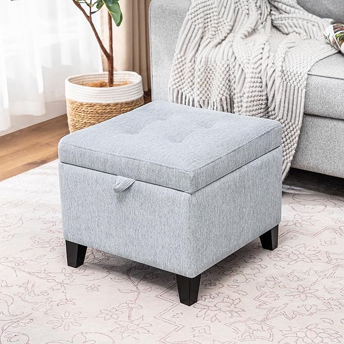 Adeco 18 Inch High Cube Ottoman Storage, Linen Chair Foot Stools, Upholstered Vanity Stool with Hinged Lid, Solid Wood Legs-CasaMuseHome
