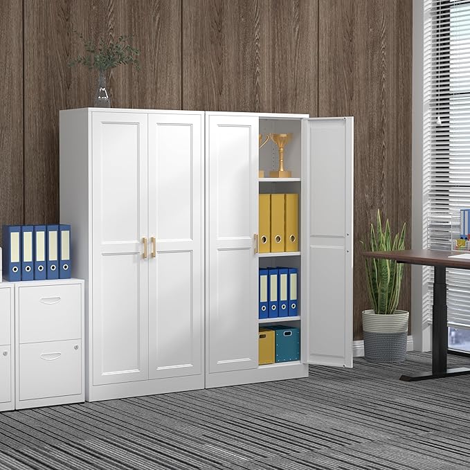 60" Tall Metal Pantry Cabinet, White Kitchen Pantry Storage Cabinet with 3 Adjustable Shelves and Gold Handles, Cupboard for Kitchen, Dining Room, Living Room, Bathroom-CasaMuseHome