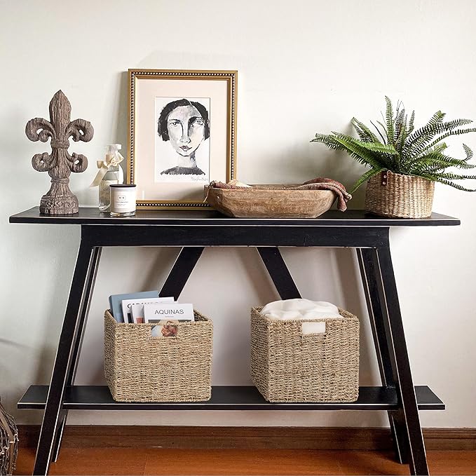 12x12x10in Seagrass Storage Baskets Set of 4, Large Wicker Storage Basket, Decorative Seagrass Shelf Basket, Pantry Baskets Organization,Folding Storage Cube Bins-CasaMuseHome