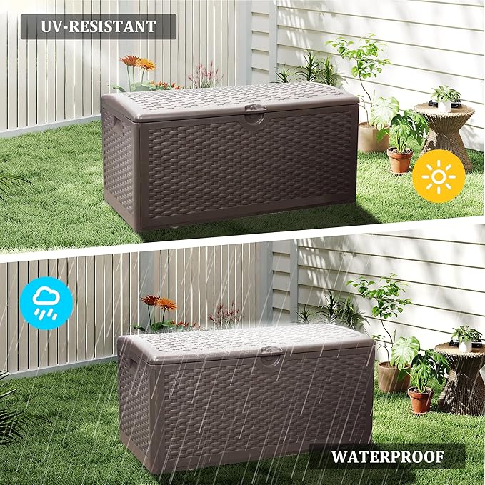 80 Plus Gallon Outdoor Storage Box, Waterproof Resin Deck Box Outdoor Storage Bin for Patio, Poolside, and Garden, Lockable & UV-Resistant, Ideal for Small Spaces, Brown-CasaMuseHome