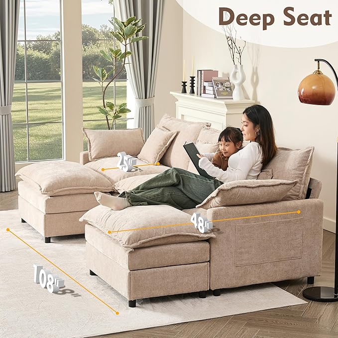 108" U Shaped Couch, Modular Sectional Sofa, 3-Seater Comfy Cloud Couch with Movable Ottoman, Deep Seat Couches for Living Room, Chenille, Flat White-CasaMuseHome