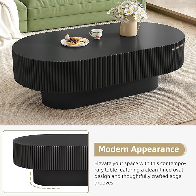 43.3" Oval Fluted Coffee Table Modern Elegant Drum End Table, Minimalist Center Table 7.8" Thick Tabletop with Sturdy Base for Living Room, Bedroom, Apartment,Easy Assembly, Black-CasaMuseHome