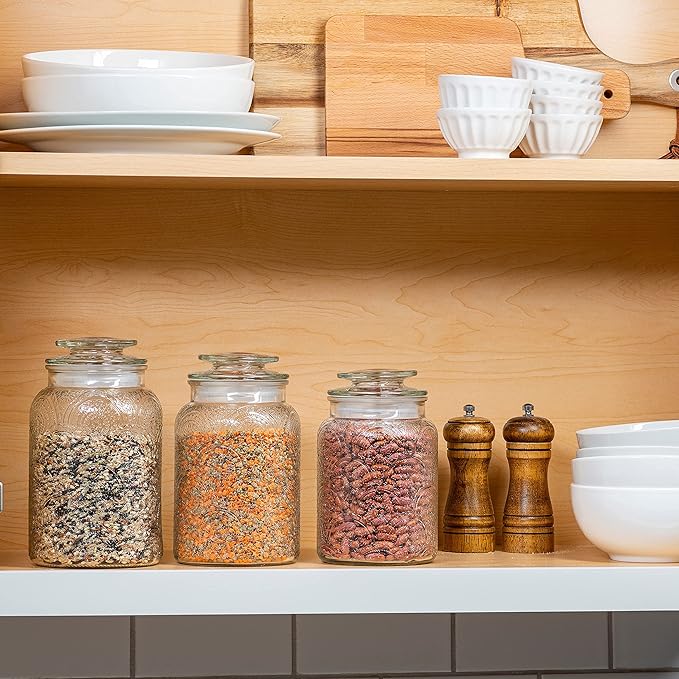 Le'raze Food Storage Containers with Airtight Lids - Retro Design - Pantry Organization, Glass Canisters Storage for Cookies, Tea, Sugar, Candy Jars, Sugar Packet, Set of 3-CasaMuseHome