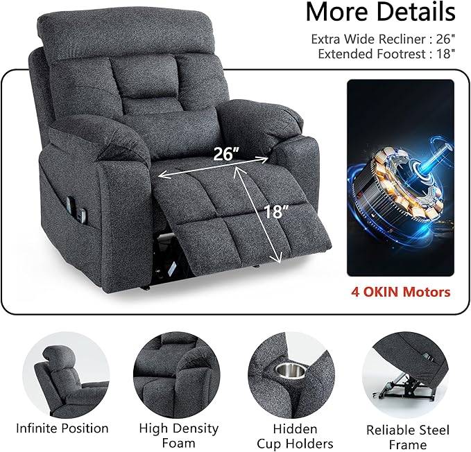 4 OKIN Motor Power Lay Flat Lift Recliner Chair for Elderly Adults Oversized Recliners with Massage Heat, Adjustable Head-Back-Lumbar-Leg-Support, Extended Footrest, 2 Cup Holders-CasaMuseHome