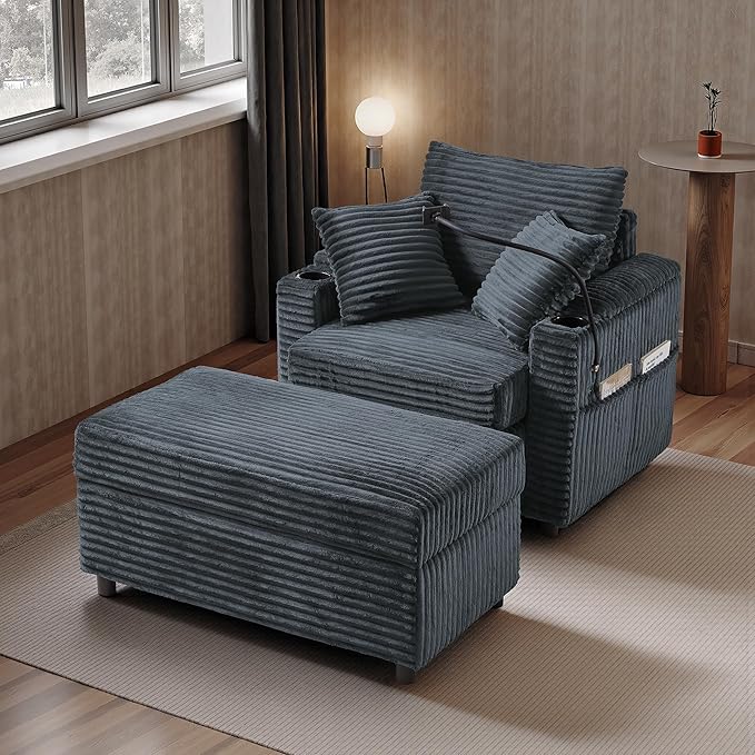 Accent Chair with Storage Ottoman Upholstered Living Room Chairs for Reading Chair with Chaise Lounge Chairs Indoor, Comfortable Armchair for Bedroom-CasaMuseHome