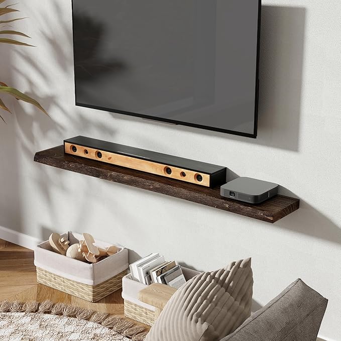 55" Floating Shelves, Live Edge Elm Wood Floating Shelf for Wall, Wall-Mounted Display Shelves with Invisible Heavy-Duty Bracket, Long Floating Shelf for Bathroom, Kitchen, Living Room, Walnut Color-CasaMuseHome