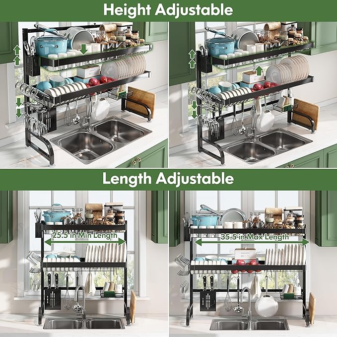 3 Tier Extra Large Stainless Steel Expandable Over The Sink Dish Drainer Drying Rack, Rust Proof Metal, Space Saving, Modern Black Big Capacity Extendable Plate Strainers Above Kitchen Counter-CasaMuseHome