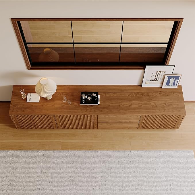 79" Mid-Century Modern TV Stand for Living Room, Farmhouse Entertainment Center with Storage & Drawers, Fluted Design Wood TV Console for Home Theater Office-CasaMuseHome