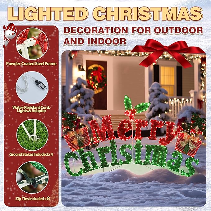 6FT Merry Christmas Sign for Decoration, 2-in-1 Pre-Lit Holiday Greeting Sign Decor with 456 LED Lights, Freestanding or Hanging Glittered Holiday Display for Outdoor, Indoor-CasaMuseHome