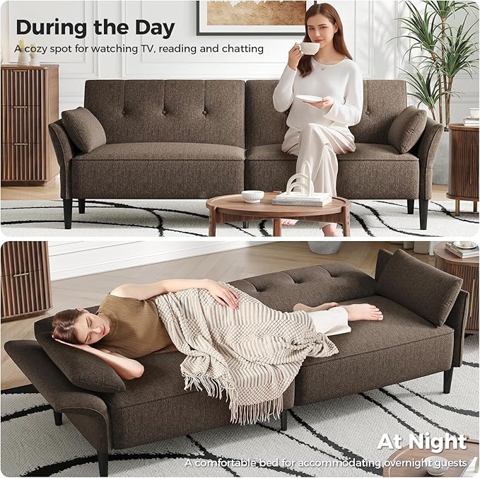89” Futon Sofa Bed, Linen Comfy Futon Couch Bed with 2 Square Pillows, Convertible Sleeper Sofa with Adjustable Backrest& Armrests, Modern Loveseat Sleeper for Living Room, Bedroom, Brown-CasaMuseHome