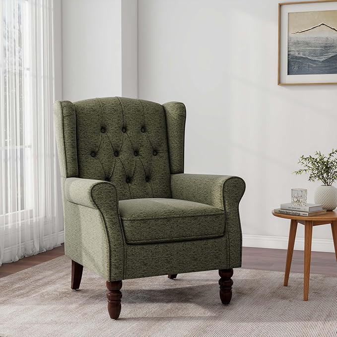 Accent Chair, Upholstered Armchair with Button Tufted High Back & Solid Wood Legs, Comfy Wingback Reading Single Sofa Chair for Small Spaces, Living Room, Bedroom (Green, Set of 1)-CasaMuseHome