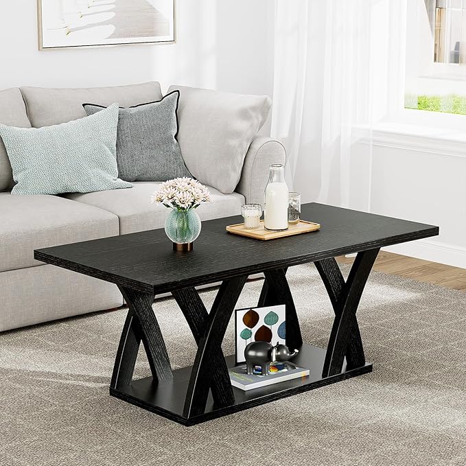 47” Wood Coffee Tables for Living Room Rustic Stands with Storage Shelf Black Coffee Tables for Living Room Farmhouse Center Stands with Shelf Farmhouse Rectangle Center Table-CasaMuseHome