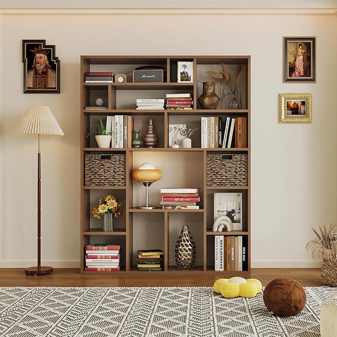 6-Tier Large Open Bookcase 71” Tall Sturdy Wooden Bookshelf with Baskets,Modern Style 16-Cube Home Display Shelf for Bedroom, Living Room（Oak Color）-CasaMuseHome