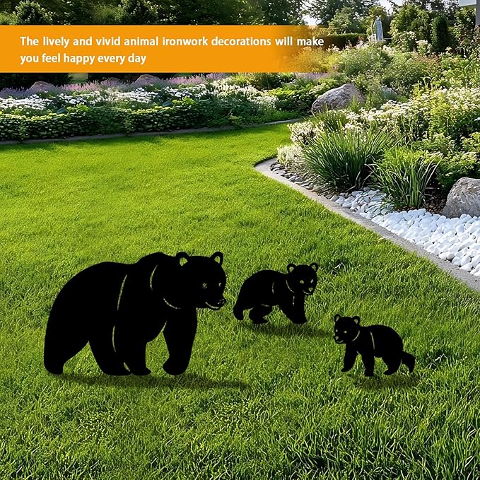 3 Pack Bear Metal Garden Decorative Stakes, Weather Proof Silhouette Statues for Yard, Patio,Outdoor Decor for Bear Lovers and Pet Owners-CasaMuseHome