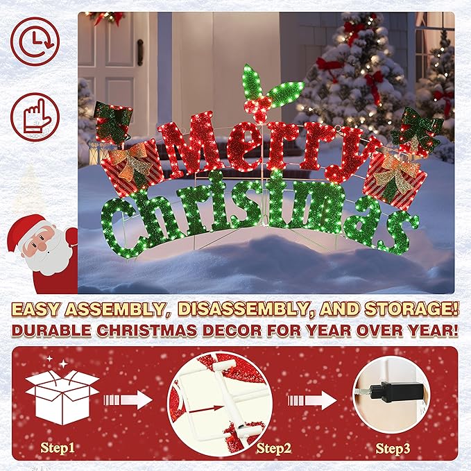 6FT Merry Christmas Sign for Decoration, 2-in-1 Pre-Lit Holiday Greeting Sign Decor with 456 LED Lights, Freestanding or Hanging Glittered Holiday Display for Outdoor, Indoor-CasaMuseHome