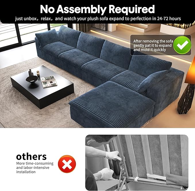 157.5" L Shaped Modern Sofa Modular Sectional Cloud Couch with Ottoman,Deep Seat Upholstered Couches with Corduroy Fabric for Living Room Furniture,Bedroom and Apartment,No Assembly Required,Blue-CasaMuseHome