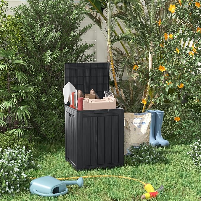 28 Gallon Deck Box Large Outdoor Storage for Patio Furniture,Outdoor Cushions,Garden Tools and Pool Supplies,Waterproof,Resin,Lockable(Black)-CasaMuseHome