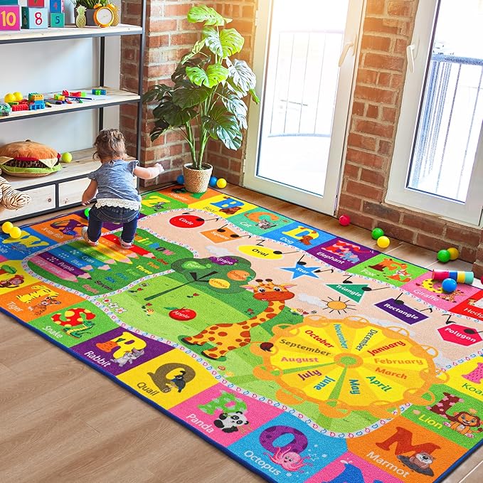 5x7 Playroom Rugs for Kids Washable, Educational and Fun Playmat with ABC Alphabet Animals Shapes Colors, Non-Slip Play Mat Learning Rugs for Baby Toddler Children Game Activity-CasaMuseHome