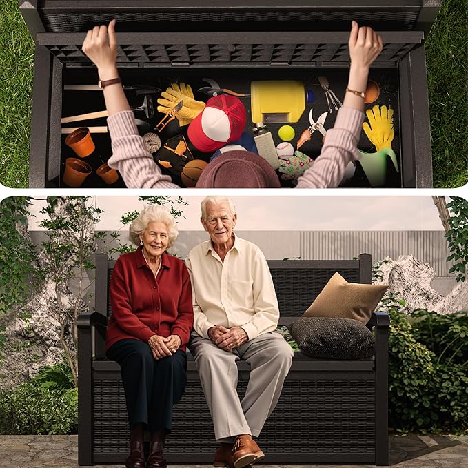 80 Gallon Storage Bench Waterproof and Lockable,Deck Box Outdoor Storage Furniture for Patio,Garden,and Porch – Perfect for Storing Garden Tools and Cushions(Black)-CasaMuseHome
