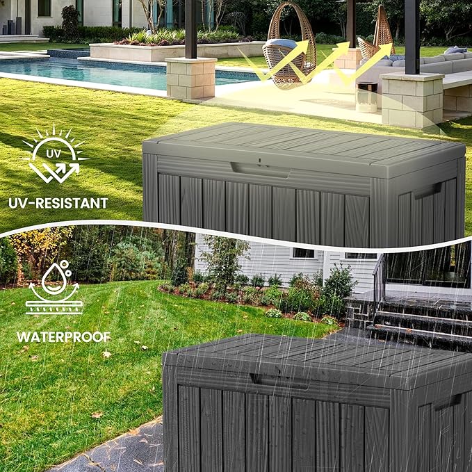 45 Outdoor Storage Box, Waterproof Resin Deck Box with Side Handles, Lockable Outdoor Bench for Indoor & Outdoor Use, Storage Bin for Patio Cushions, Garden Tools, Package Delivery, Black-CasaMuseHome