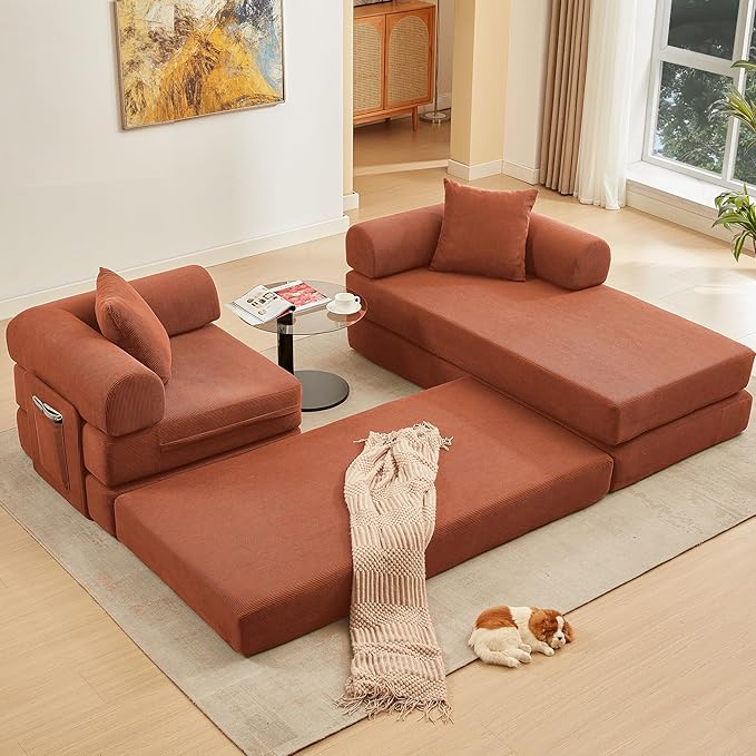 107" Oversized Convertible Sleeper Sofa Bed, Corduroy L Shape Sectional Couch, Folding Sofa Bed with Side Pocket, Modern Cloud Floor Mattress Couch, Modular Sofa for Living Room, Orange-CasaMuseHome