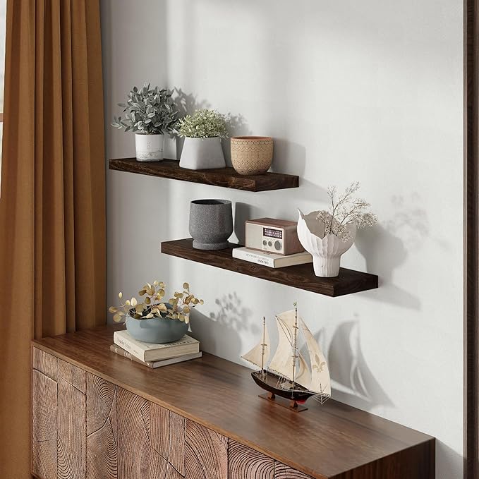 36 Inch Floating Shelves for Wall, Rustic Elm Wood Shelf for Home Decor, Heavy-Duty Wooden Floating Shelves for Kitchen, Wall Mounted Storage Shelves for Bathtoom, Living Room, Walnut Color, Set of 2-CasaMuseHome