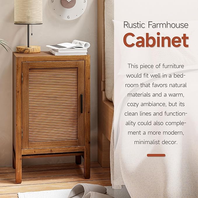 1 Door Farmhouse Nightstand, Rustic Slat Door Cabinet with 2 Shelves, Accent End Table with Storage for Bedroom, Brown-CasaMuseHome