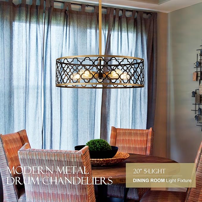 5-Light Drum Chandeliers for Dining Room,19.7" Rustic Farmhouse Dining Room Light Fixture, Black&Gold Metal Hanging Pendant Light for Living Room Bedroom Kitchen Entryway Foyer-CasaMuseHome