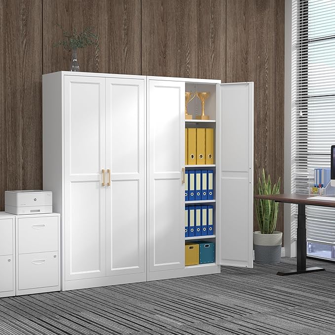 71" Tall Metal Pantry Cabinet, White Kitchen Pantry Storage Cabinet with 4 Adjustable Shelves and Gold Handles, Cupboard for Kitchen, Dining Room, Living Room, Bathroom-CasaMuseHome