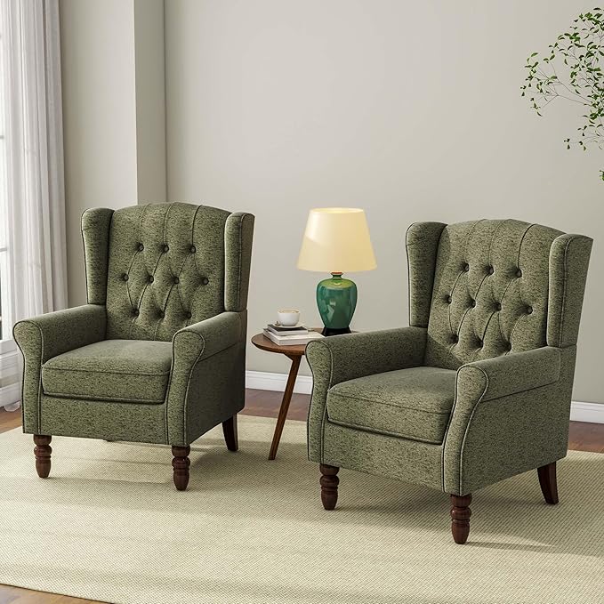 Accent Chair, Upholstered Armchair with Button Tufted High Back & Solid Wood Legs, Comfy Wingback Reading Single Sofa Chair for Small Spaces, Living Room, Bedroom (Green, Set of 1)-CasaMuseHome