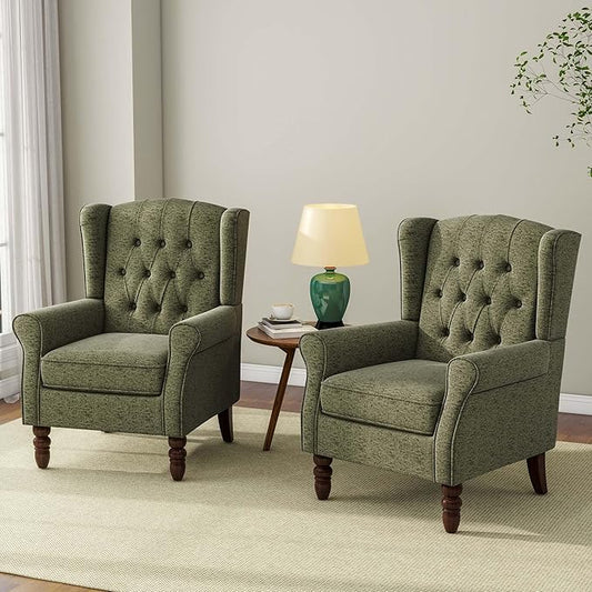 Accent Chair, Upholstered Armchair with Button Tufted High Back & Solid Wood Legs, Comfy Wingback Reading Single Sofa Chair for Small Spaces, Living Room, Bedroom (Green, Set of 2)-CasaMuseHome