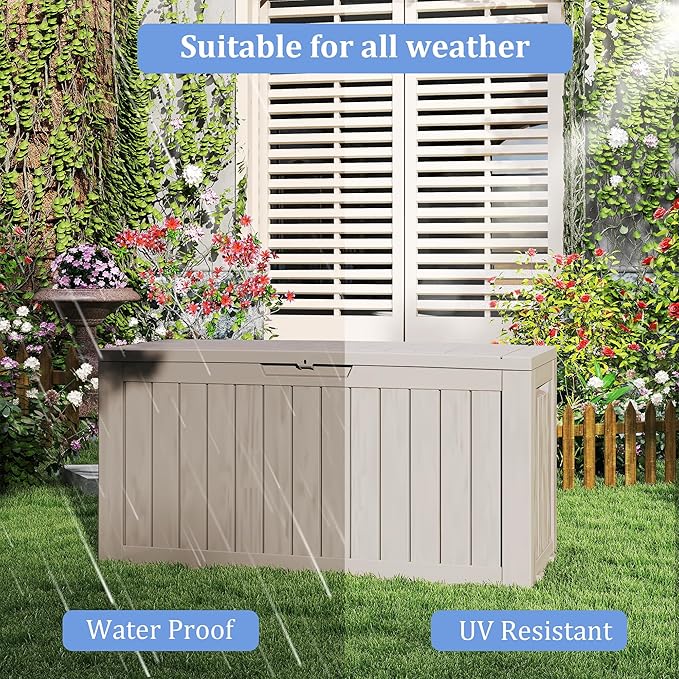 90 Gallon Lockable Resin Deck Box with Wheels, Waterproof & UV-Resistant Outdoor Storage Box for Outdoor Cushion Storage, Garden Tools & Pool Accessories Storage, Gray-CasaMuseHome