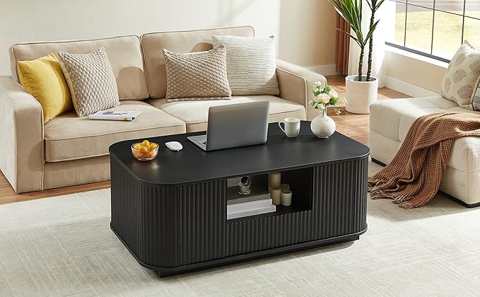 46.5" Oval Coffee Table with Drawers and Storage Mid Century Modern Fluted Solid Wood Side Coffee Tables, Luxury Tea Table Center Table for Living Rooms Offices Apartmen, Black-CasaMuseHome