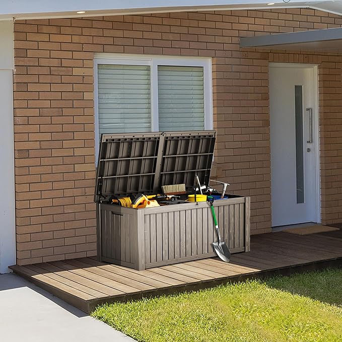 150 Gallon Double-Wall Resin Deck Box - Lockable Waterproof Outdoor Storage Box, 1000lbs Capacity & Doubles as Seating for Patio Furniture - Garden Tools, Pool Accessories (Brown)-CasaMuseHome