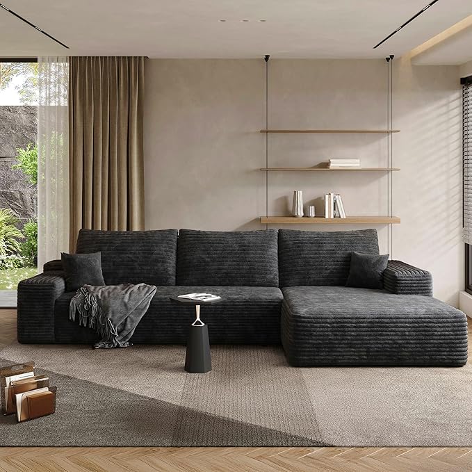 108" Sectional Couches for Living Room Modern Modular Sofa with L-Shape Couchs Upholstered Boneless Couch Deep Seat Sectional Couch with Chaise (Black, Right Facing Chaise+2Seaters)-CasaMuseHome